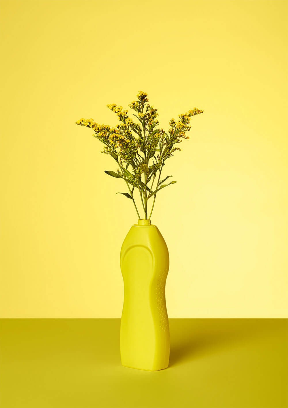 Vanessa Leissring - zdjęcie kwiatów w plastikowej butelce w żółtych odcieniach